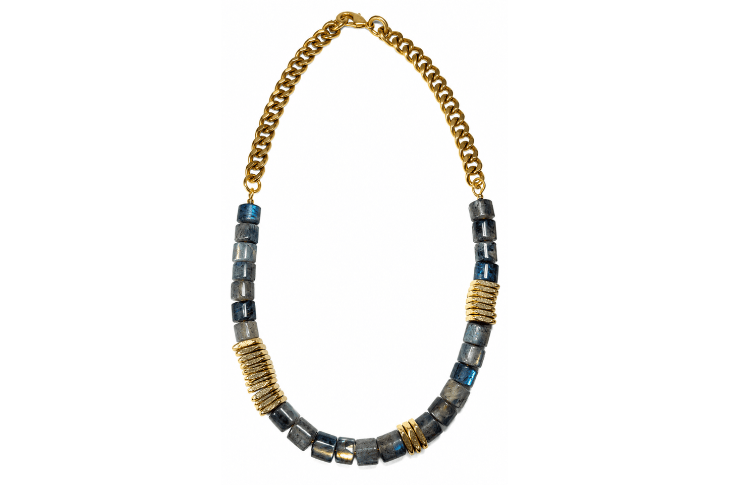 Rachel Nathan Labradorite Barrel & Brass Heishi necklace, alternate full view