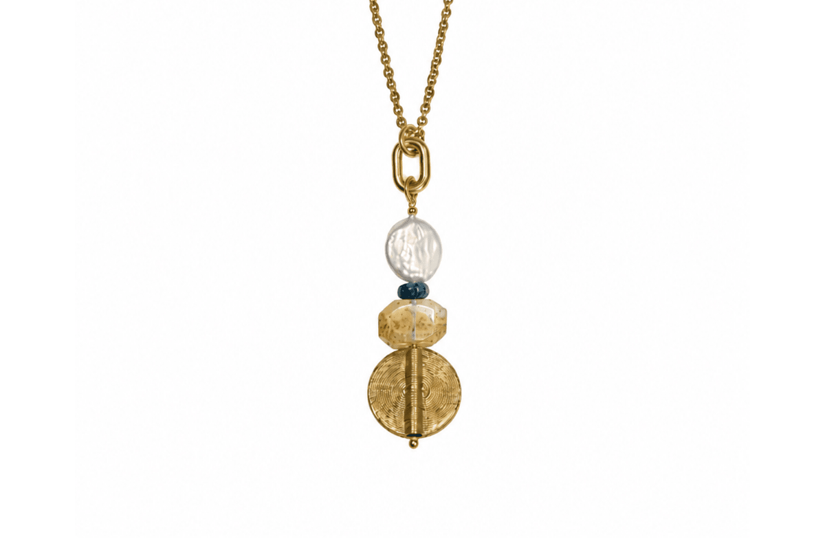 Rachel Nathan Long: Pearl, Topaz and Dendritic Quartz necklace, full front view with freshwater pearl coin and Indian brass medallion on oval brass chain