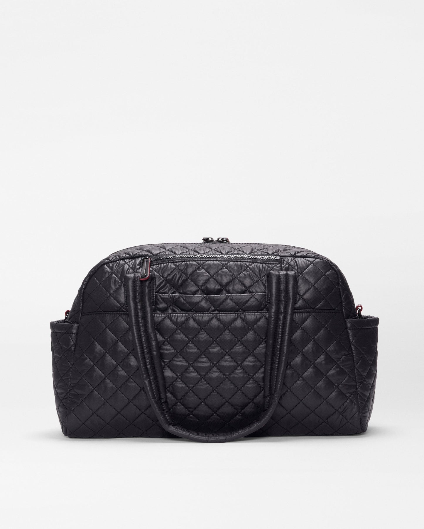 MZ Wallace Jimmy Deluxe duffel in black, alternate view showing the exterior pockets and luggage sleeve