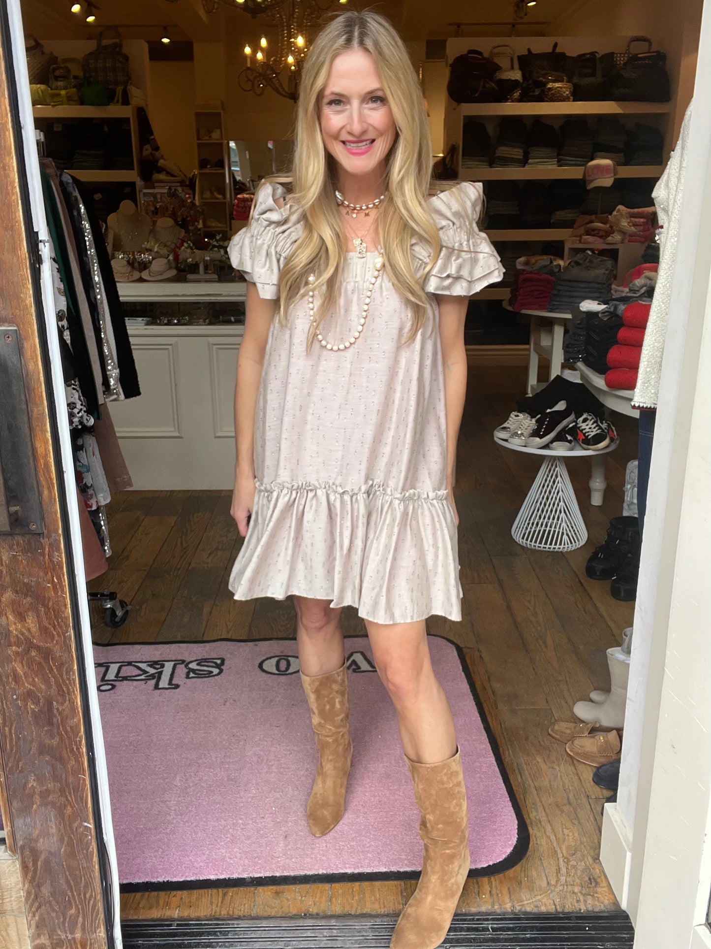 Inclan Beige Metallic Tangley Dress
