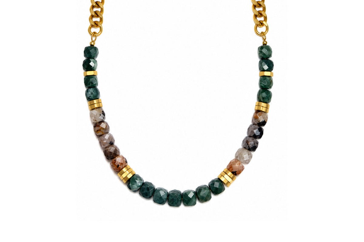 Rachel Nathan Guatemalan Jade & Tourmaline Curb necklace, full front view of deep green jade with tourmaline on brass curb chain