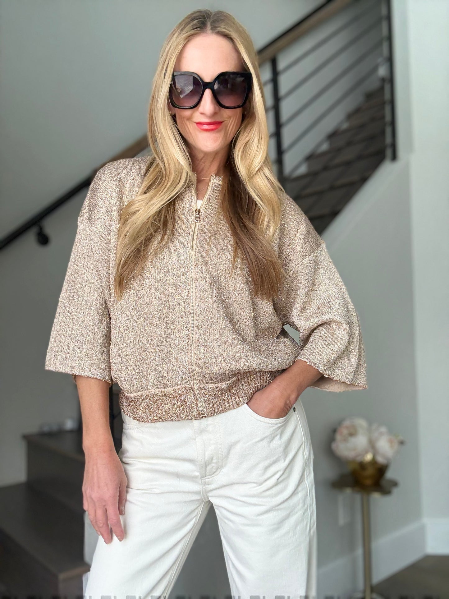 Nude Sequin Zip Cardigan