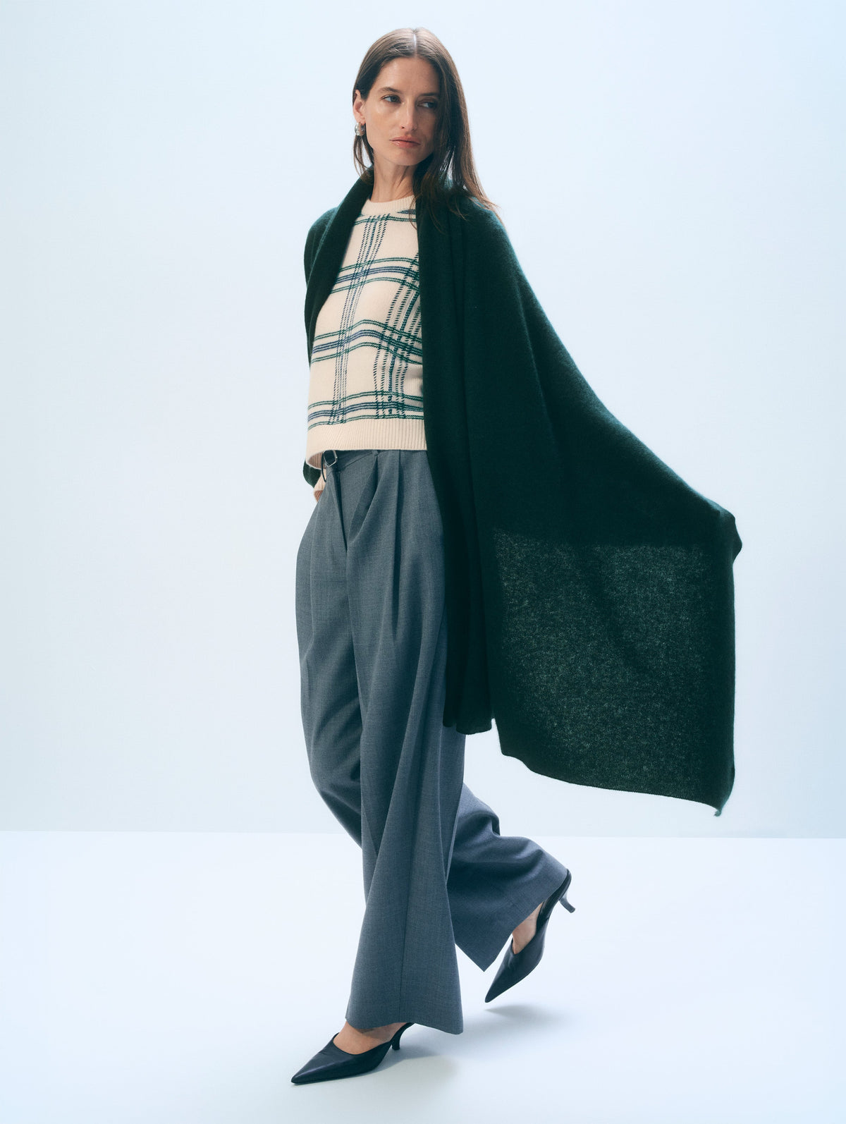 White + Warren Travel Wrap in Dark Emerald, shown on model, full length