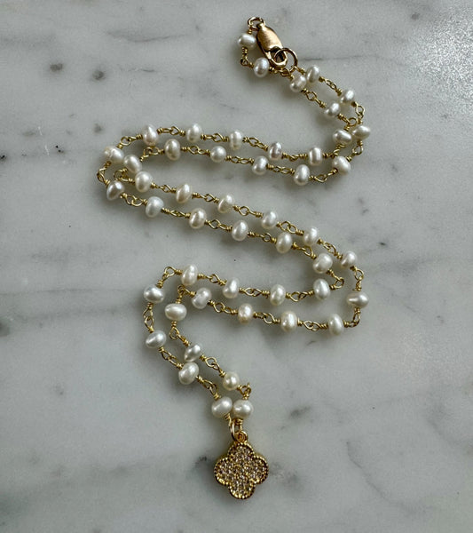 Ruby & Violet Pave Clover Pearl Necklace