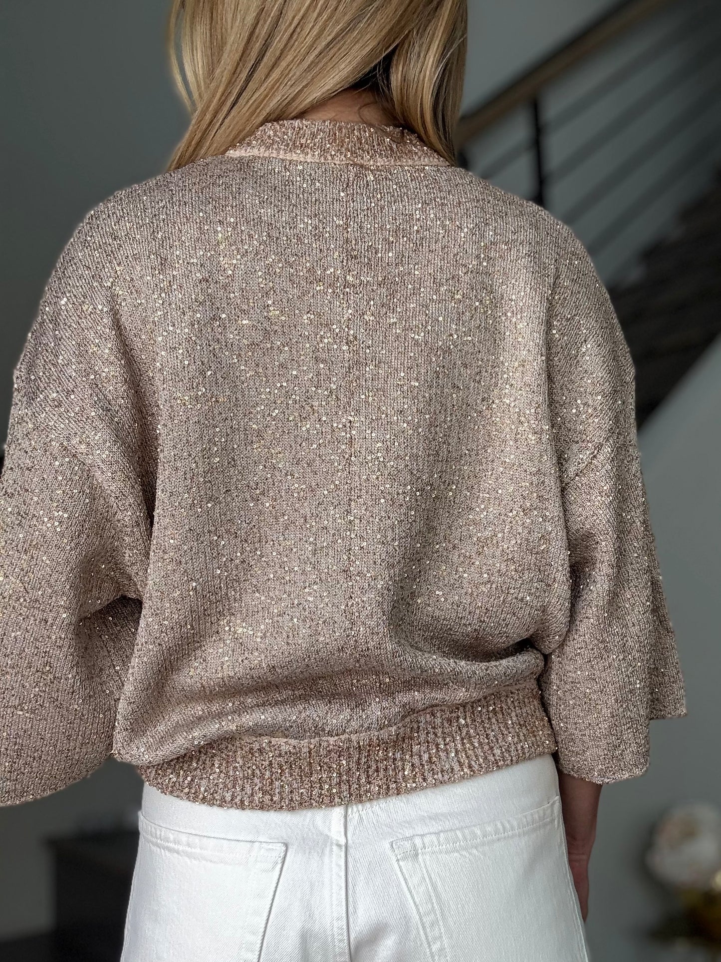 Nude Sequin Zip Cardigan