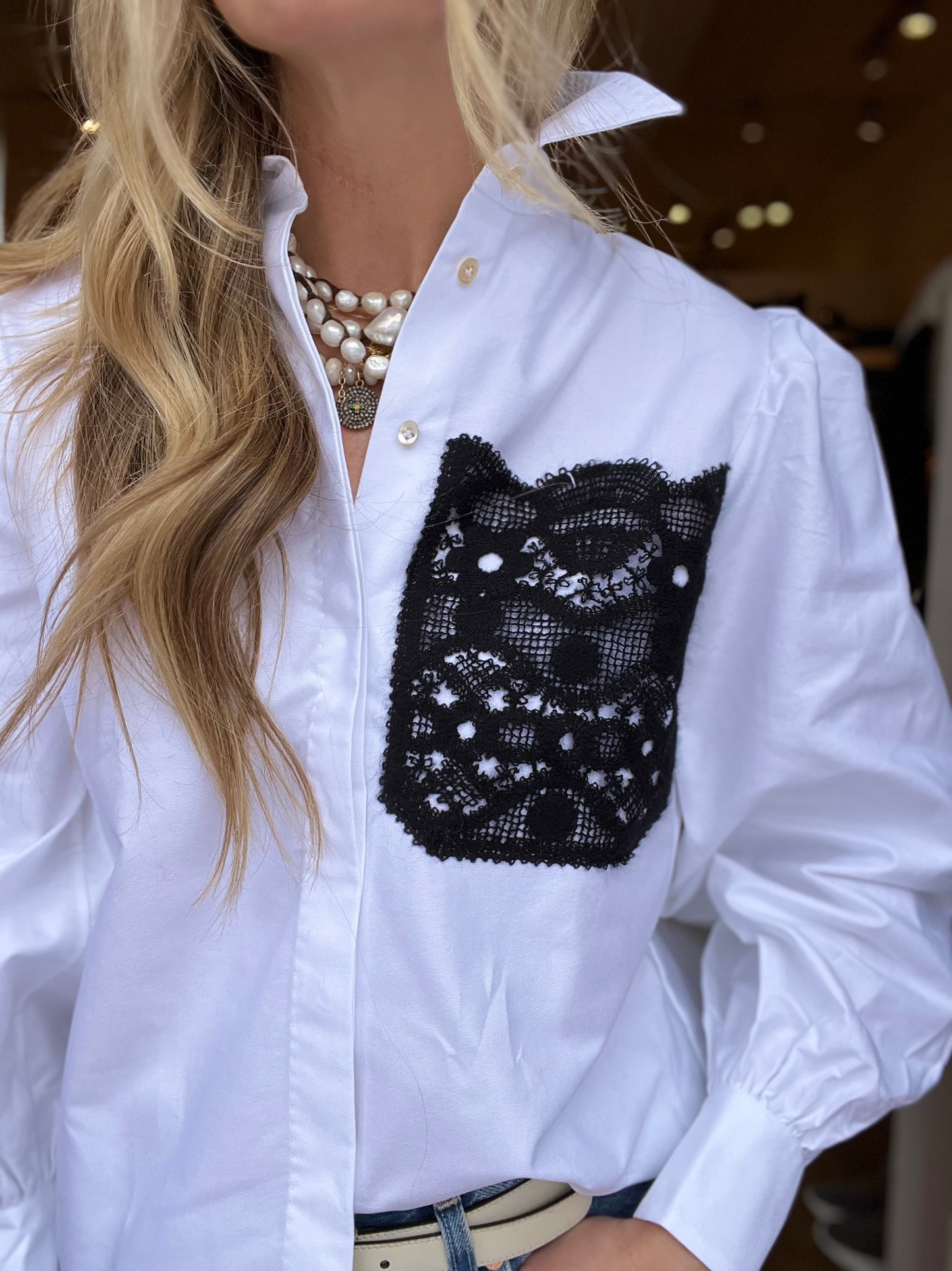 Le Sarte Black Lace Pocket Blouse
