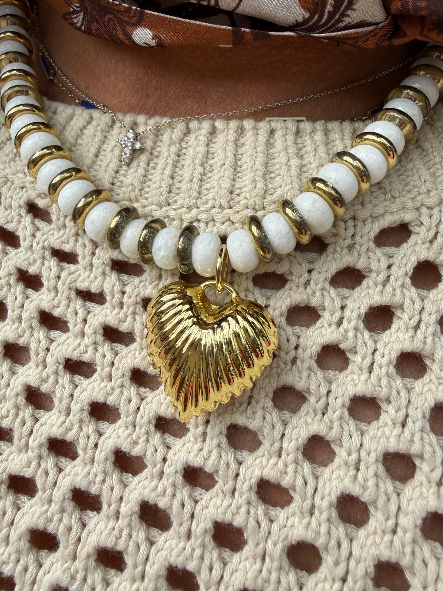 Cristina V Gold Puffy Heart and Bead Necklace
