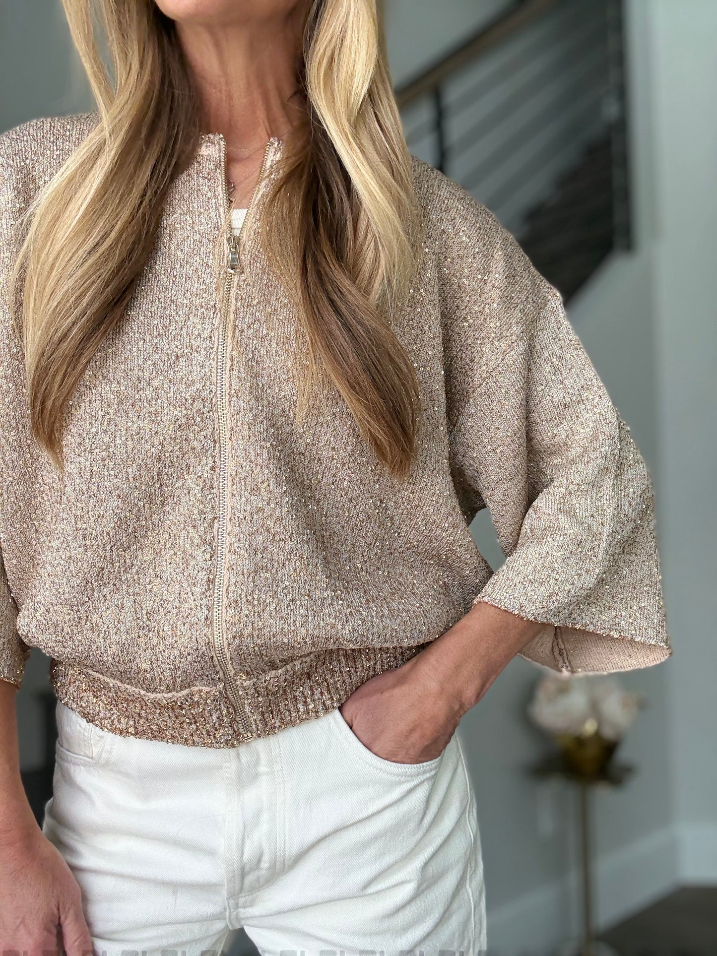 Nude Sequin Zip Cardigan