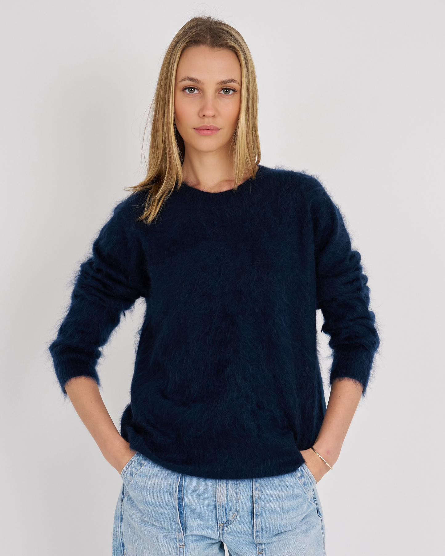 Archer Cashmere Nova Brushed Cashmere Crew in Navy, shown on model