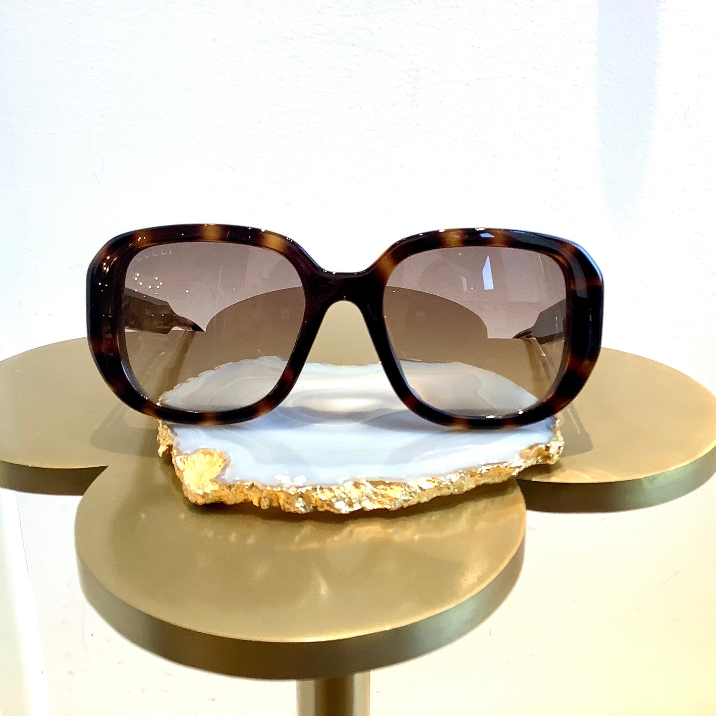 Gucci Tort Gold Stripe Temple Sunglasses