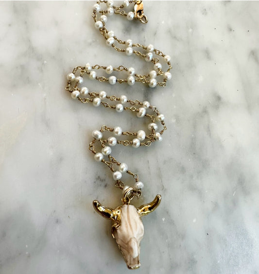 Ruby & Violet Steer Skull Pearl Necklace