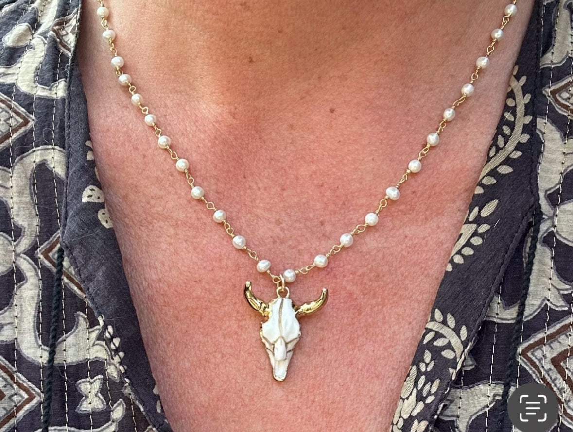 Ruby & Violet Steer Skull Pearl Necklace