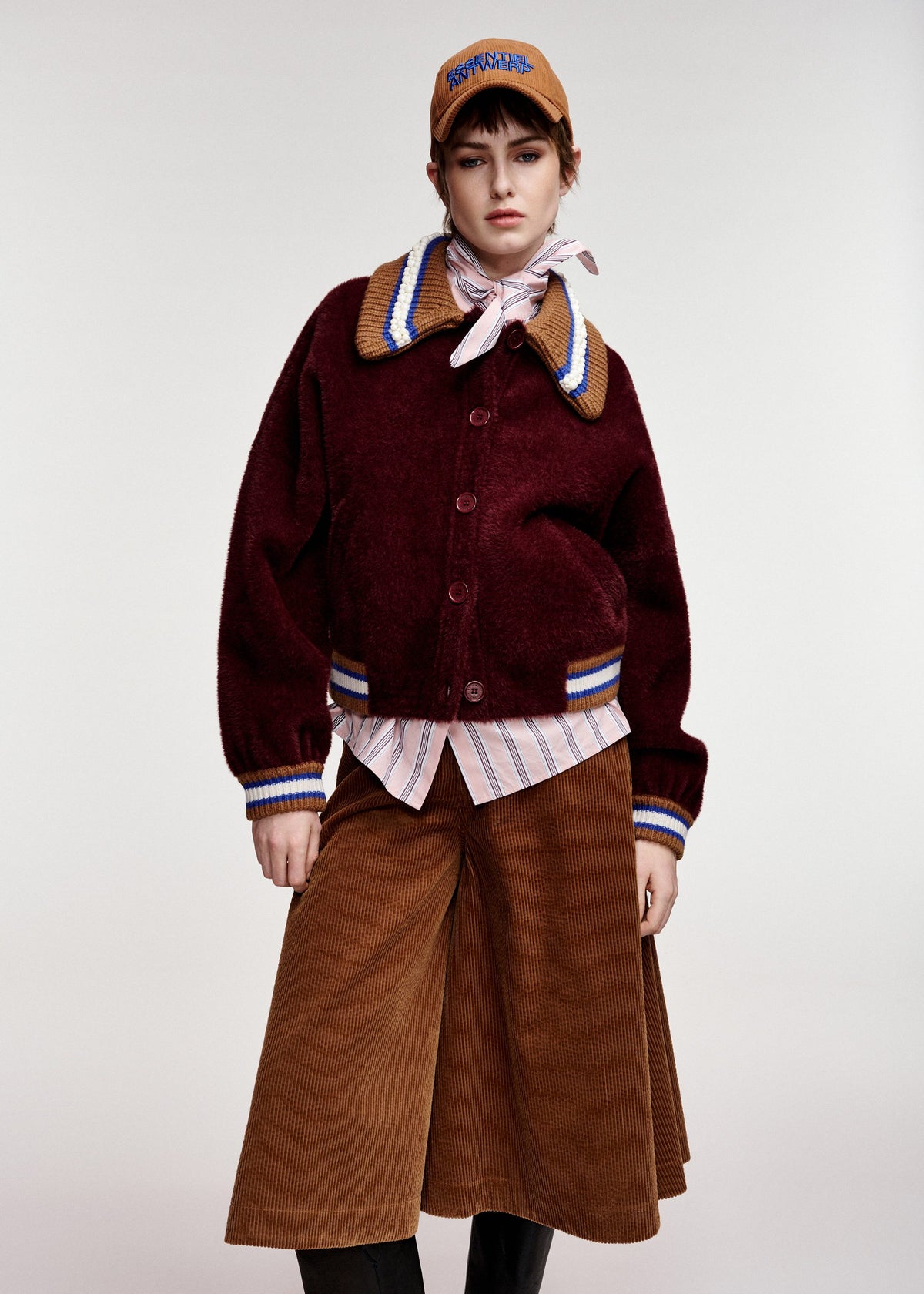 Essentiel Antwerp Kamore knit jacket with bead-embellished collar in burgundy, additional view