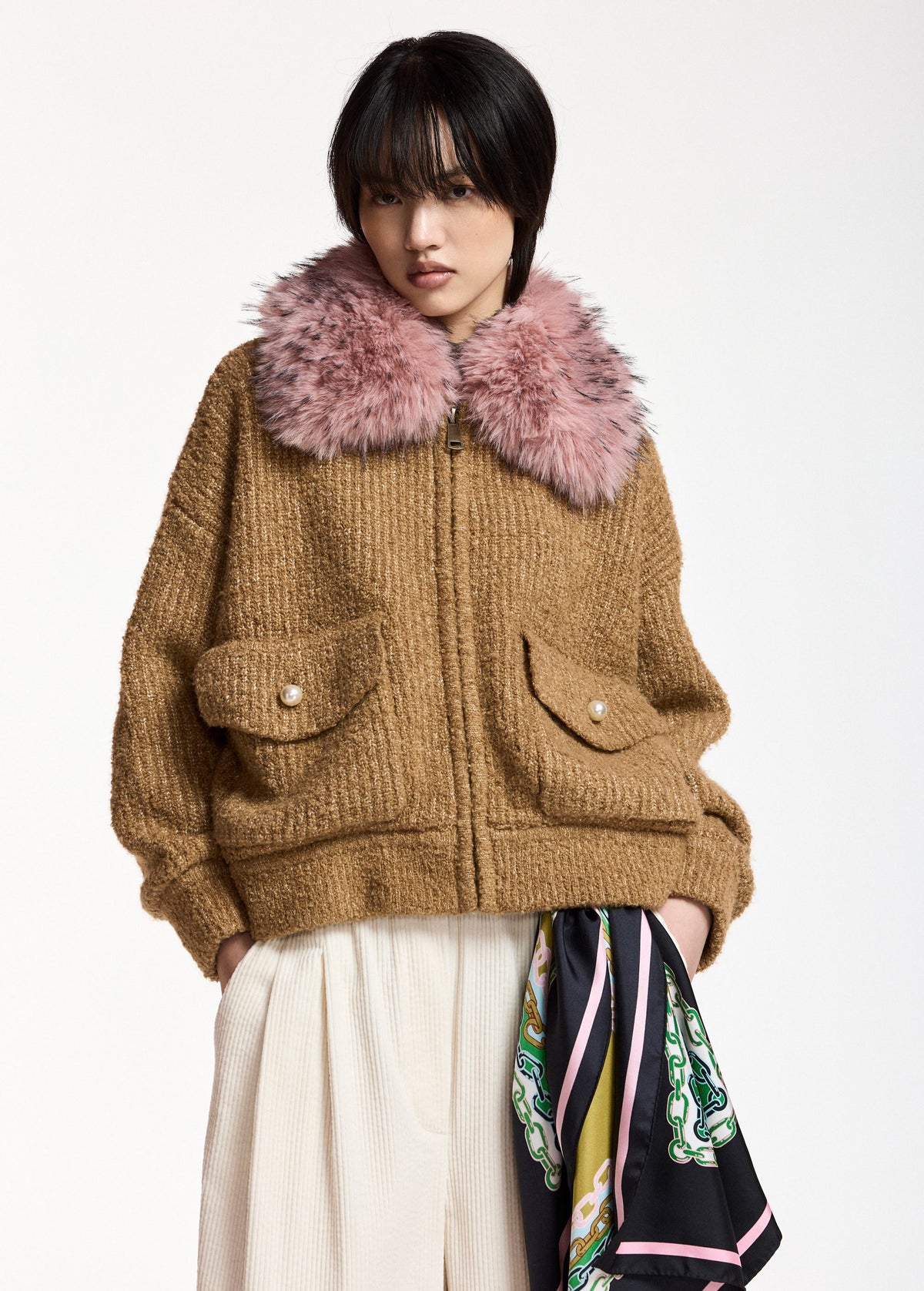 Essentiel Antwerp Kanada bouclé bomber with removable faux fur collar in camel, additional view