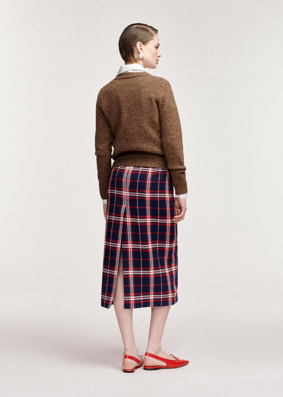 Essentiel Antwerp Kathee sequin-embellished midi skirt in navy, red and off-white check, additional view