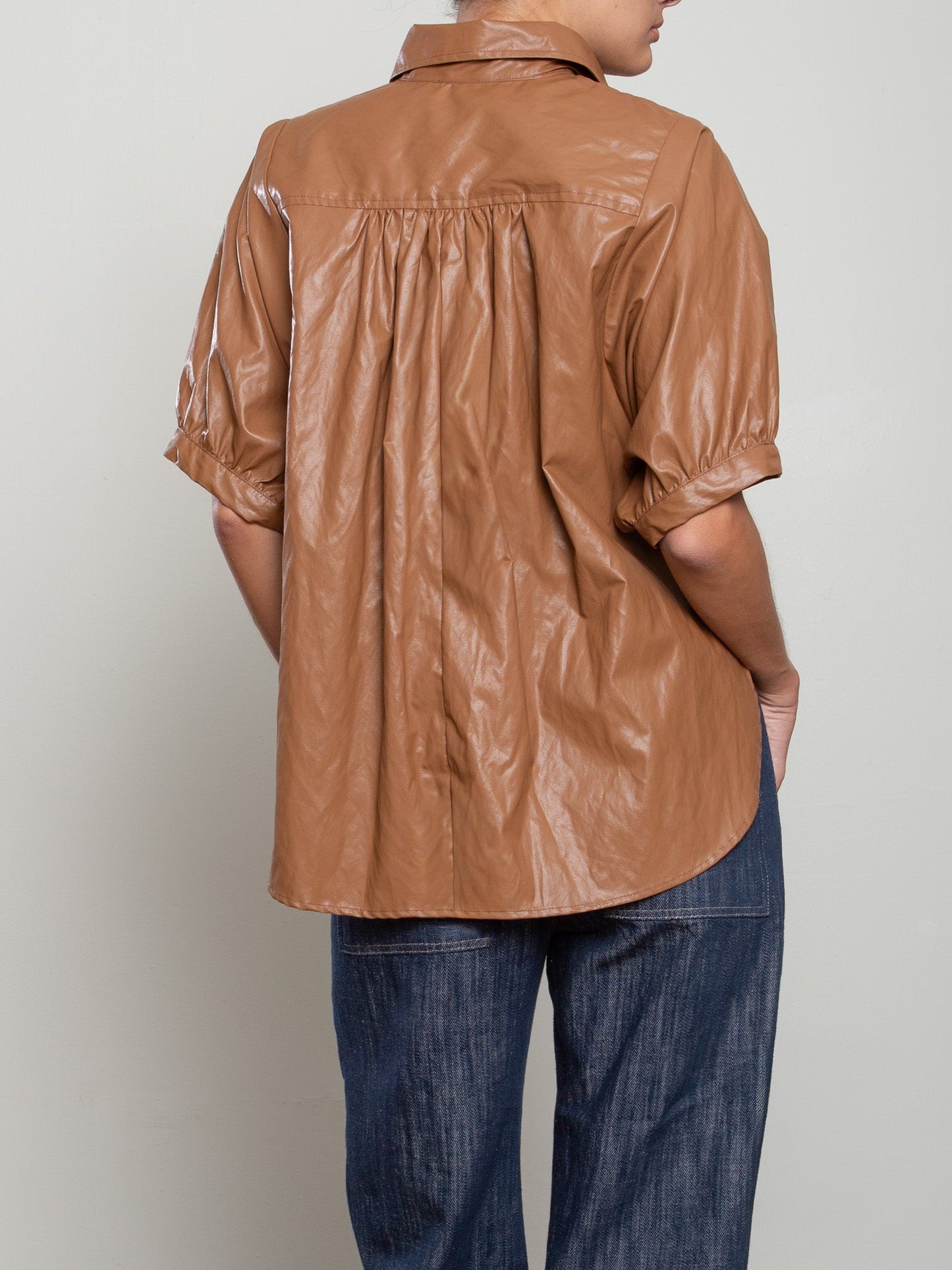 Pharaoh Claude Shirt in Chestnut faux leather, voluminous sleeve detail
