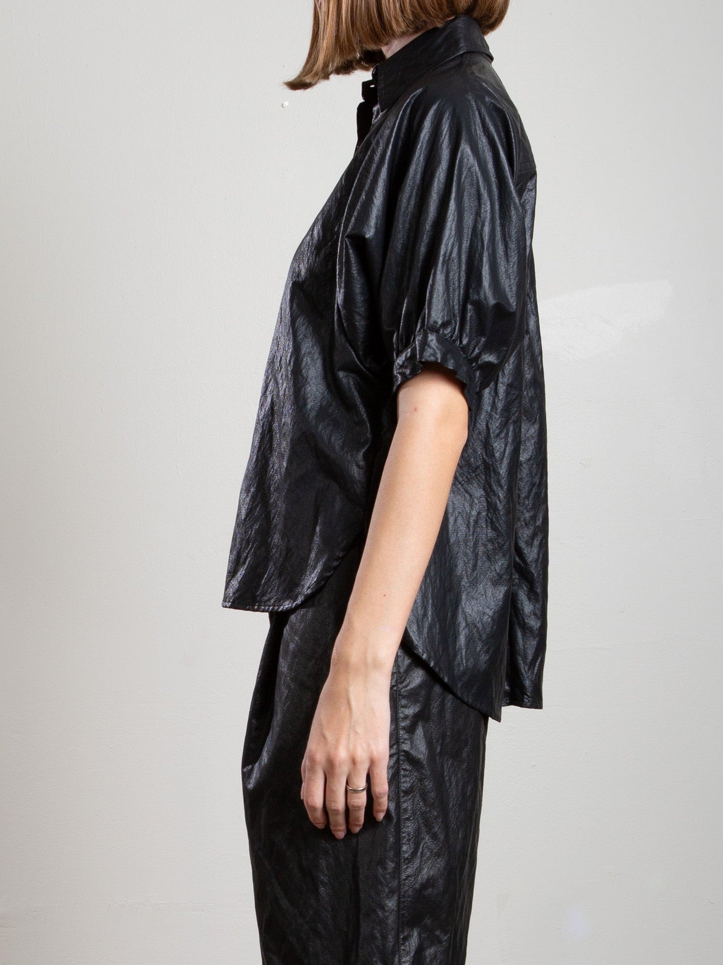 Pharaoh Claude Shirt in Faux Leather, Black, alternate view showing sleeve volume