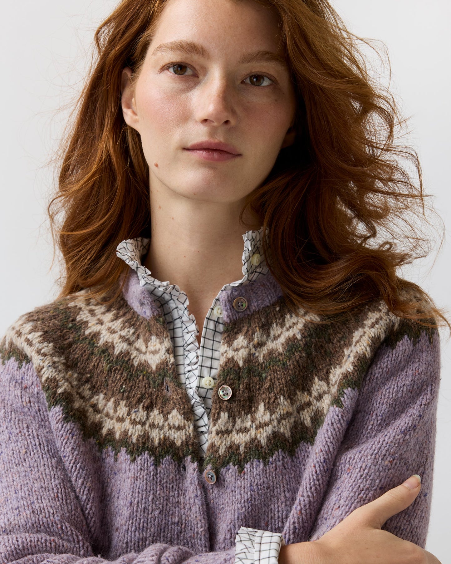 Ann Mashburn Marge Fair Isle Cardigan in Mink/Lavender, additional view