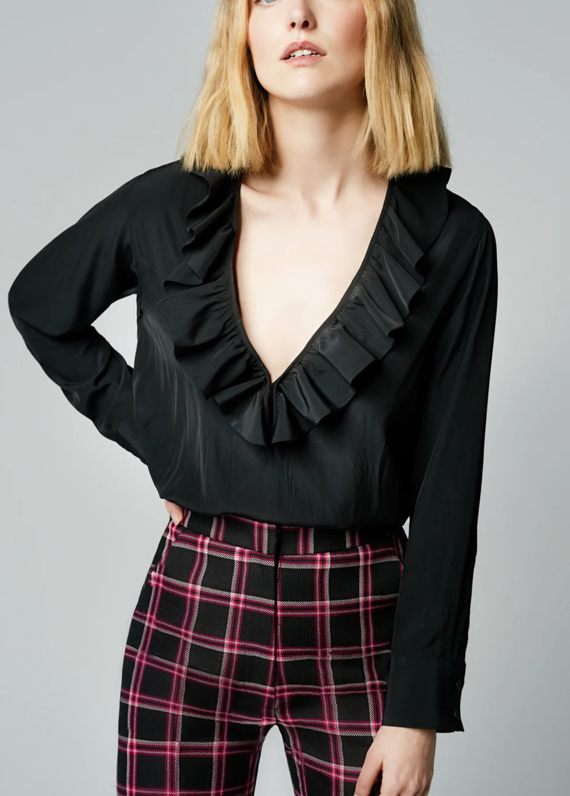 Smythe Deep V Ruffle Blouse