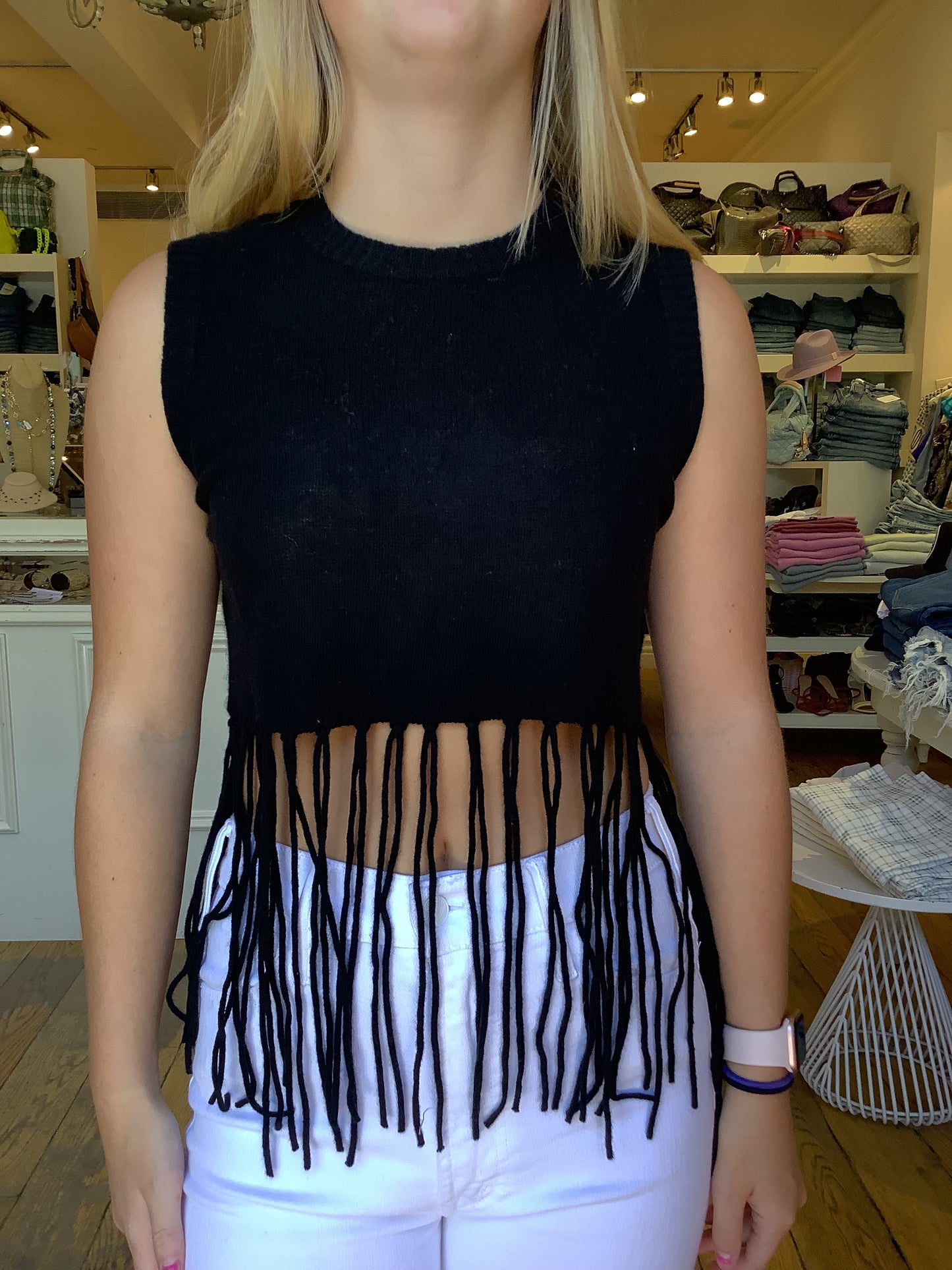 Minnie Rose Cash Cropped Long Fringe Vest