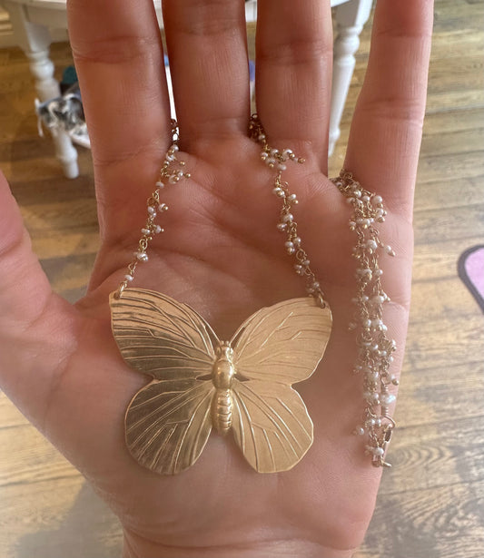 Ruby & Violet Cluster Pearl Butterfly Necklace