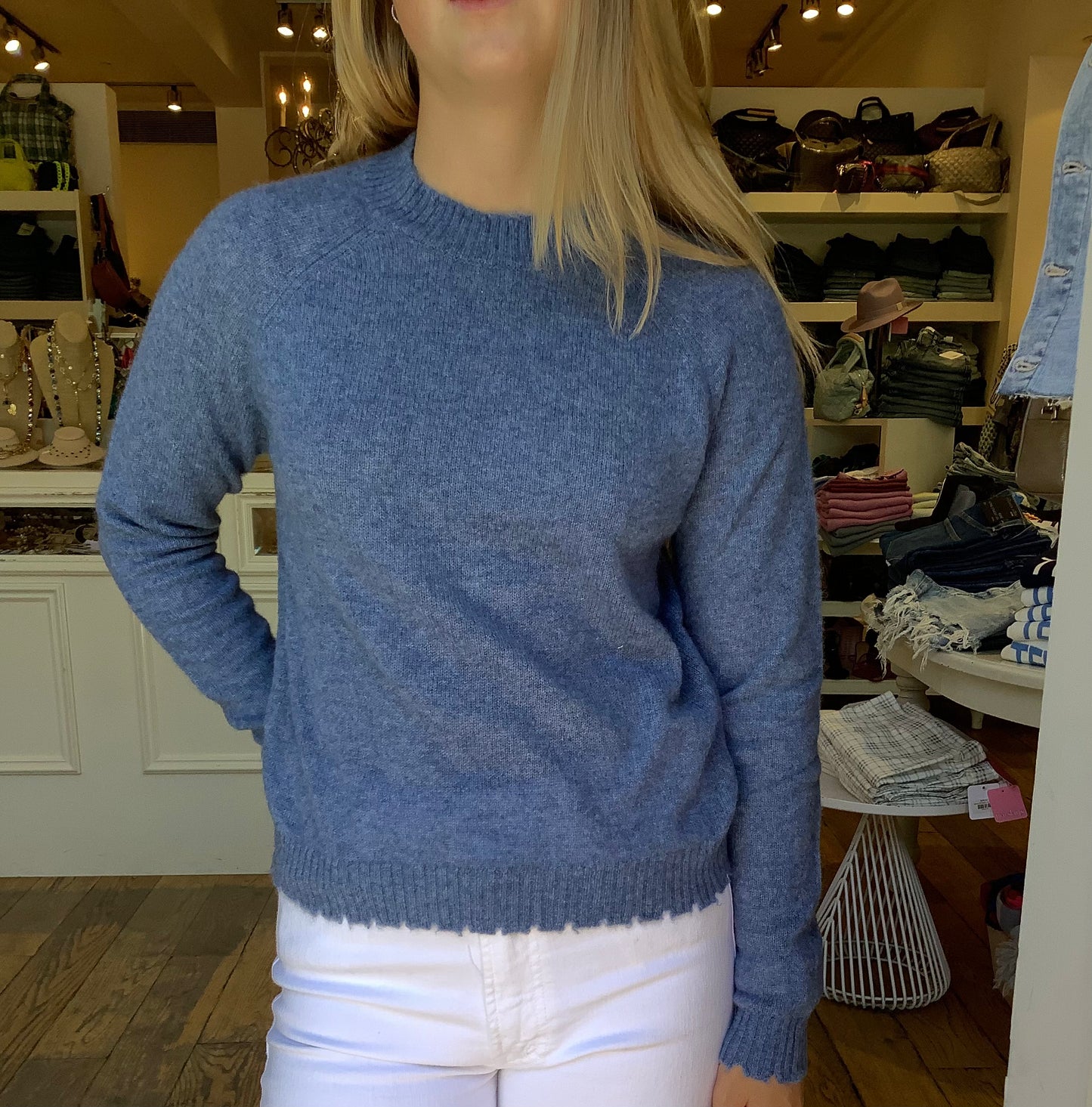 Minnie Rose Cash Frayed Edge Cropped Crew