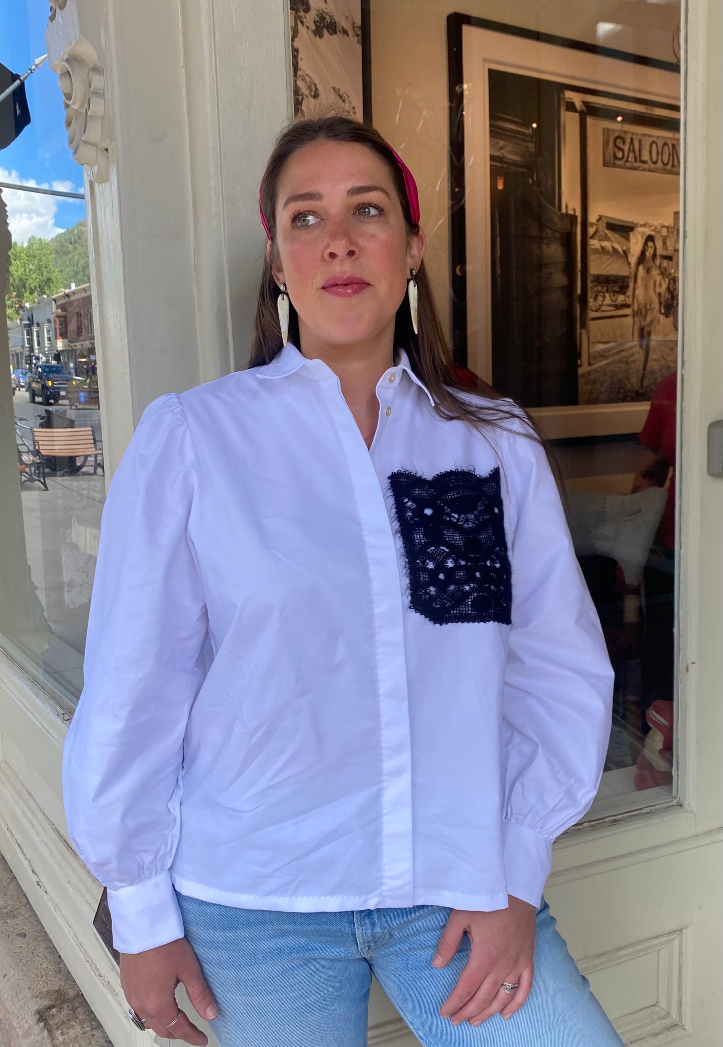 Le Sarte Black Lace Pocket Blouse