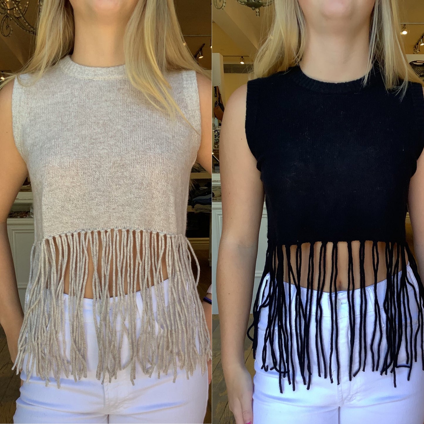 Minnie Rose Cash Cropped Long Fringe Vest
