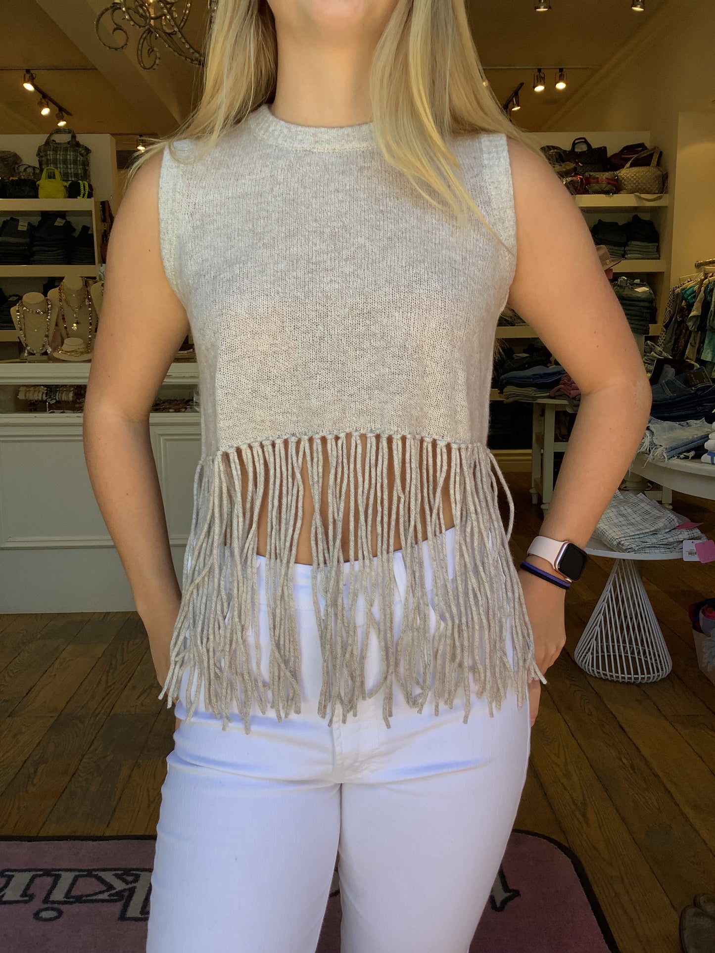 Minnie Rose Cash Cropped Long Fringe Vest