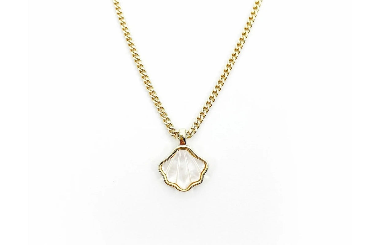 Rachel Nathan Mother of Pearl Seashell necklace, full front view of the gold-filled and mother of pearl shell pendant on gold-filled curb chain