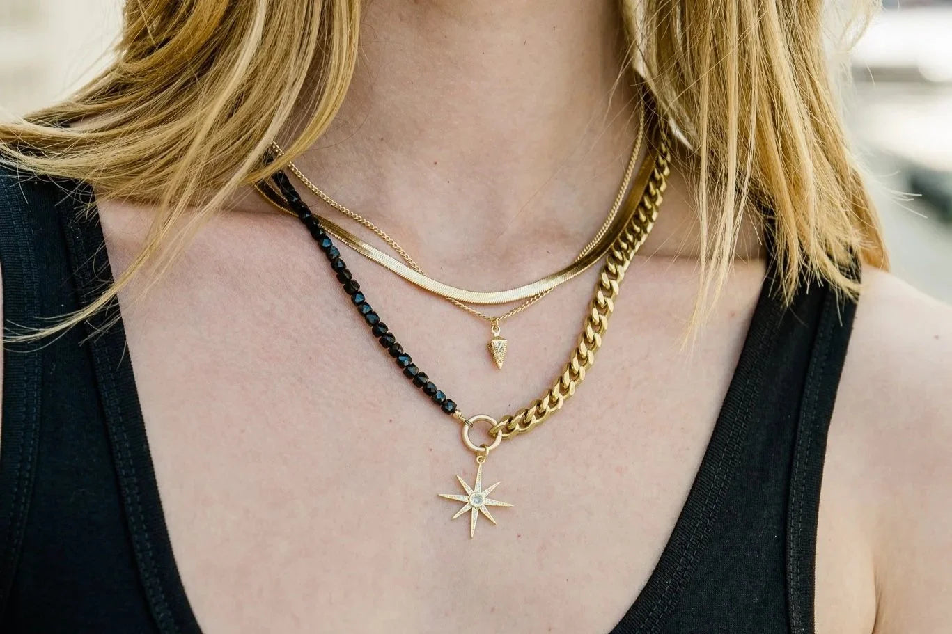 Rachel Nathan Spinel & Spur necklace shown on model, close view at the neckline