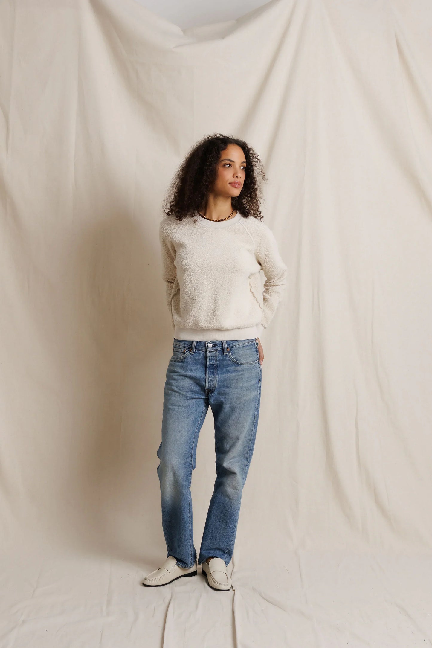 perfectwhitetee Ziggy inside out fleece sweatshirt in Whitecap Grey, alternate view on model