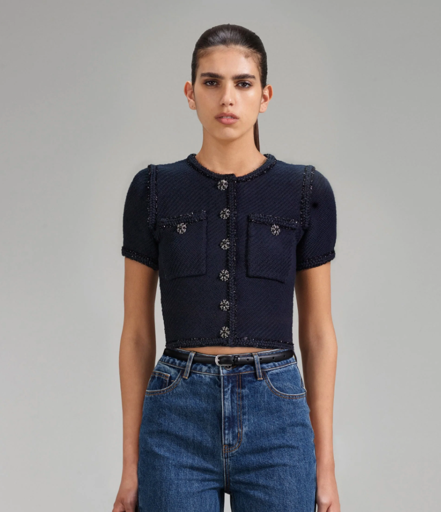 Self Portrait Navy Knit Cropped Cardigan