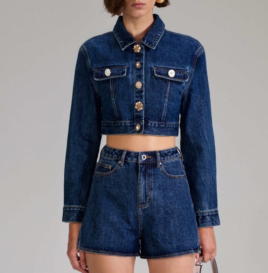 Self-Portrait Crop Denim Jacket w/Buttons