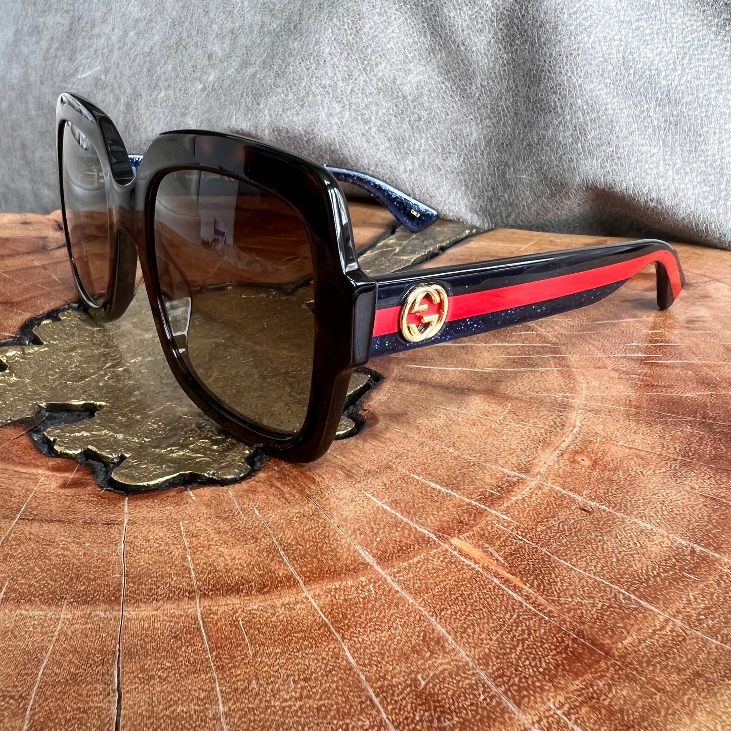 Gucci Square Tort Frames + Blue/Red Arm Sunglasses