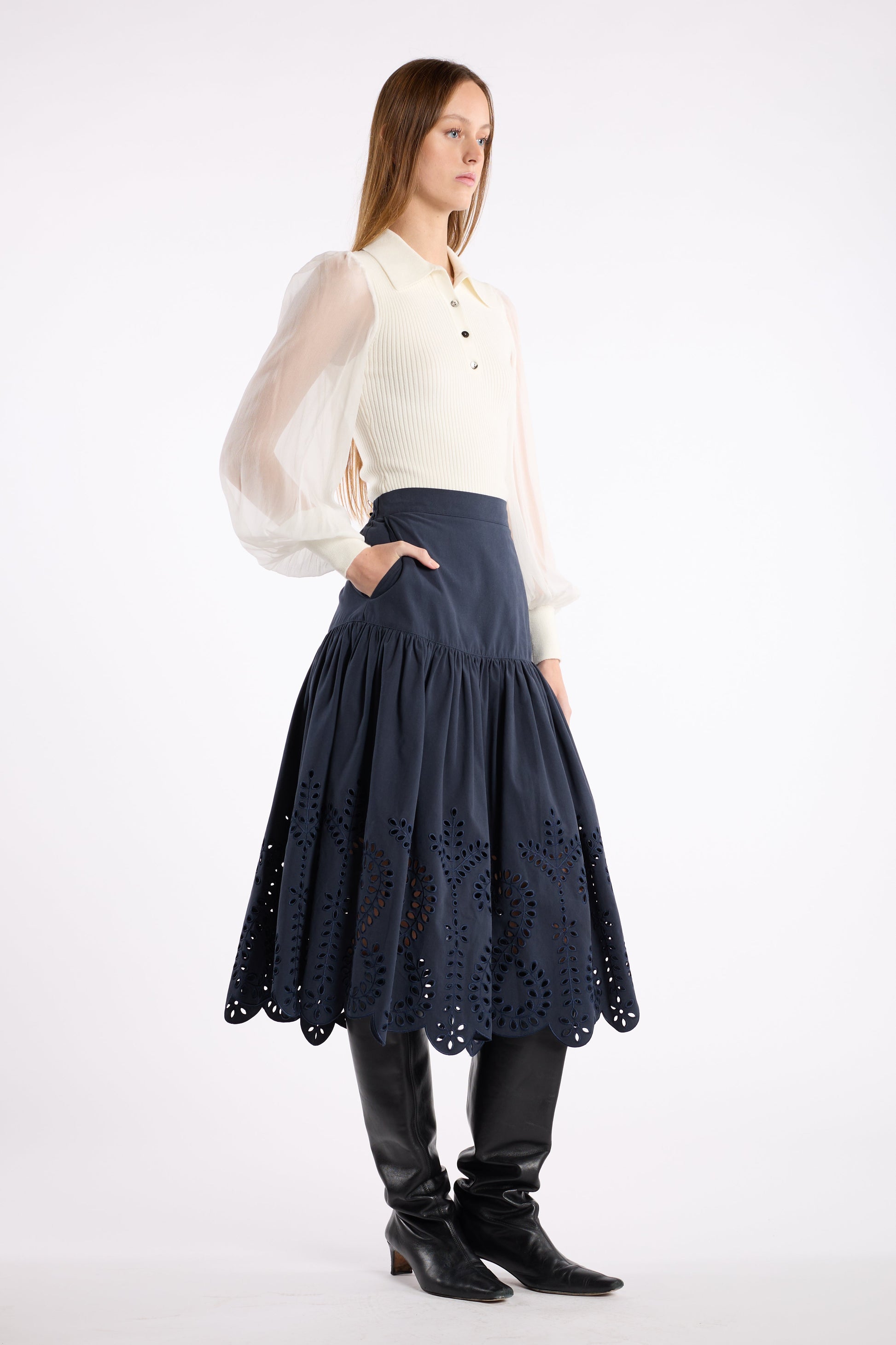 Christy Lynn Lori Skirt in Indigo Embroidery, front view on model