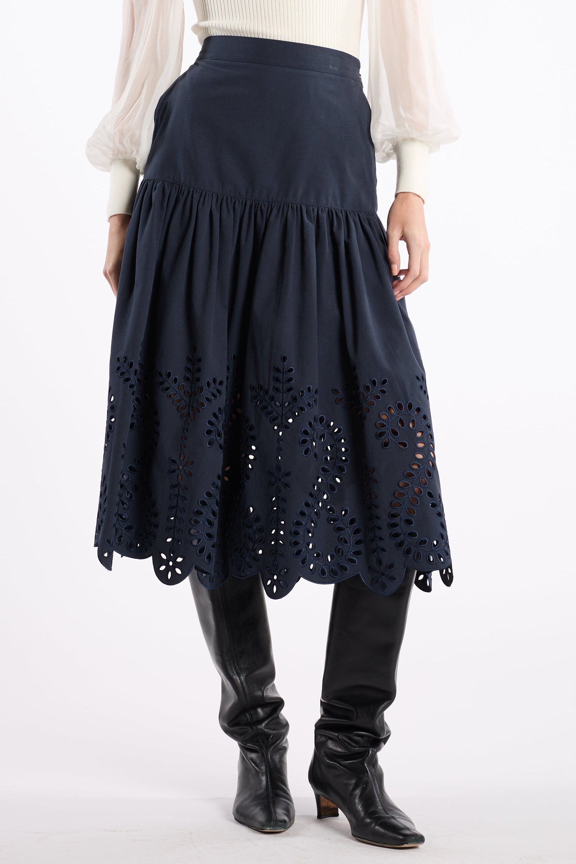 Christy Lynn Lori Skirt in Indigo Embroidery, alternate view showing scalloped hem