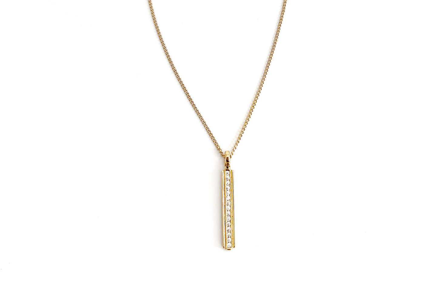 Rachel Nathan Bar Royale necklace, full front view of the gold-filled pave bar pendant on gold-filled curb chain