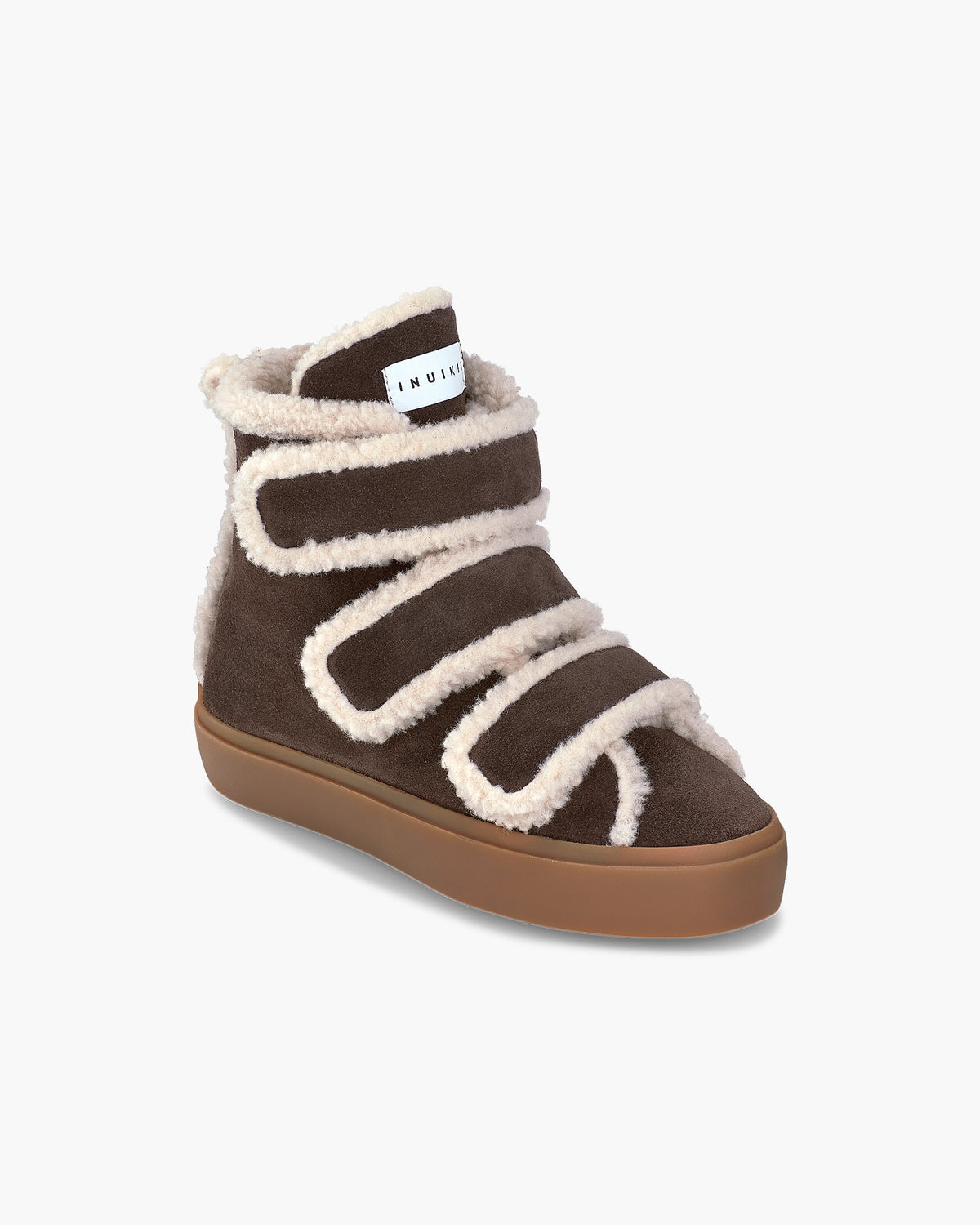 Inuikii Shearling Velcro Wedge Boot in Dark Brown