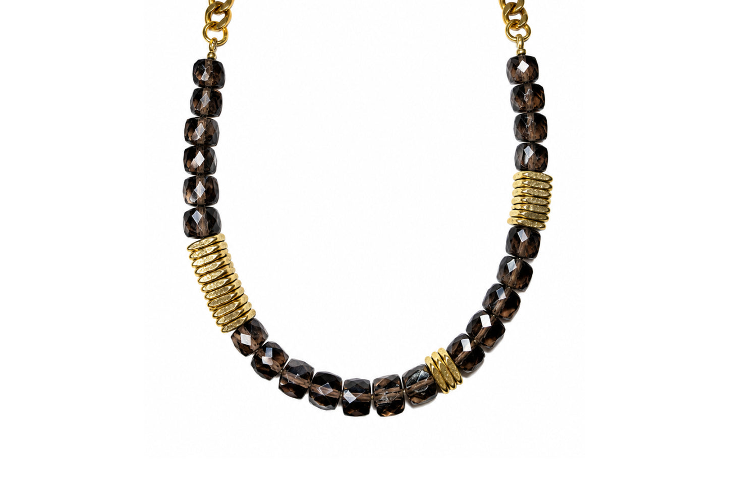 Rachel Nathan Ice Obsidian & Brass Heishi necklace, full front view of faceted dark obsidian cubes with Indian brass heishi