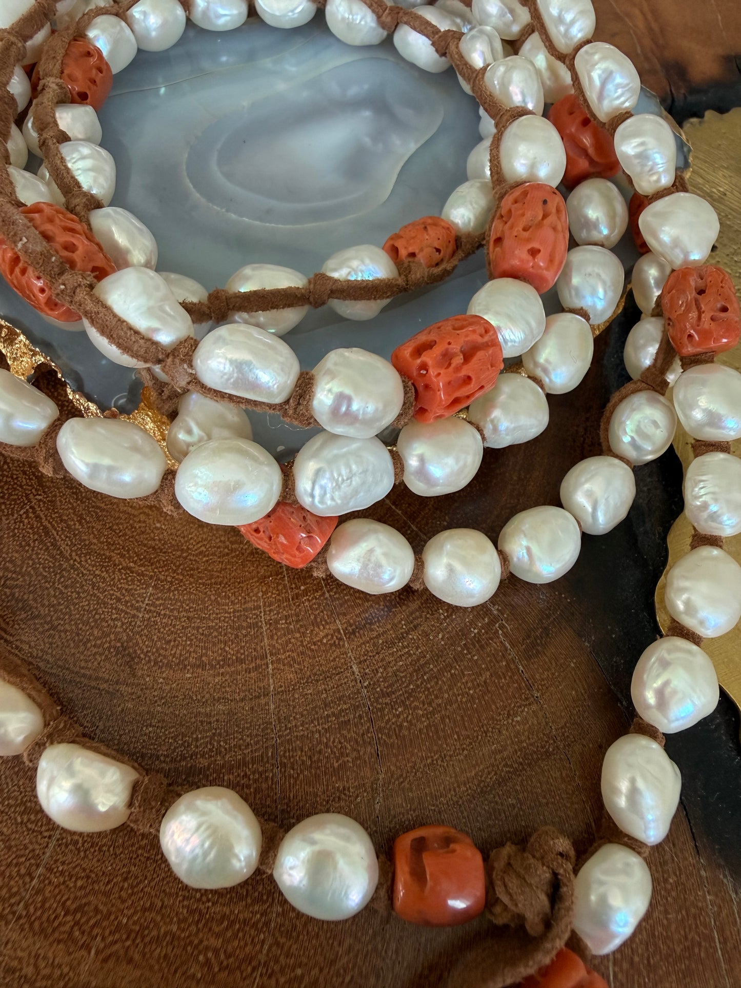 Tess Med White Pearl and Coral Necklace XLong