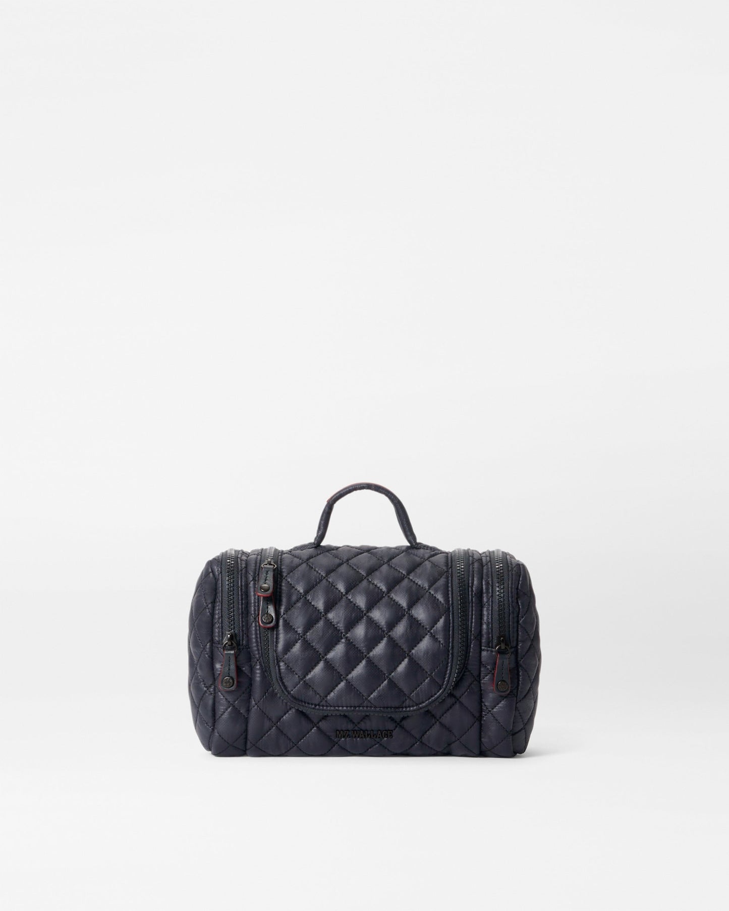 MZ Wallace Hanging Travel Organizer in black quilted nylon, zipped and shown from the front