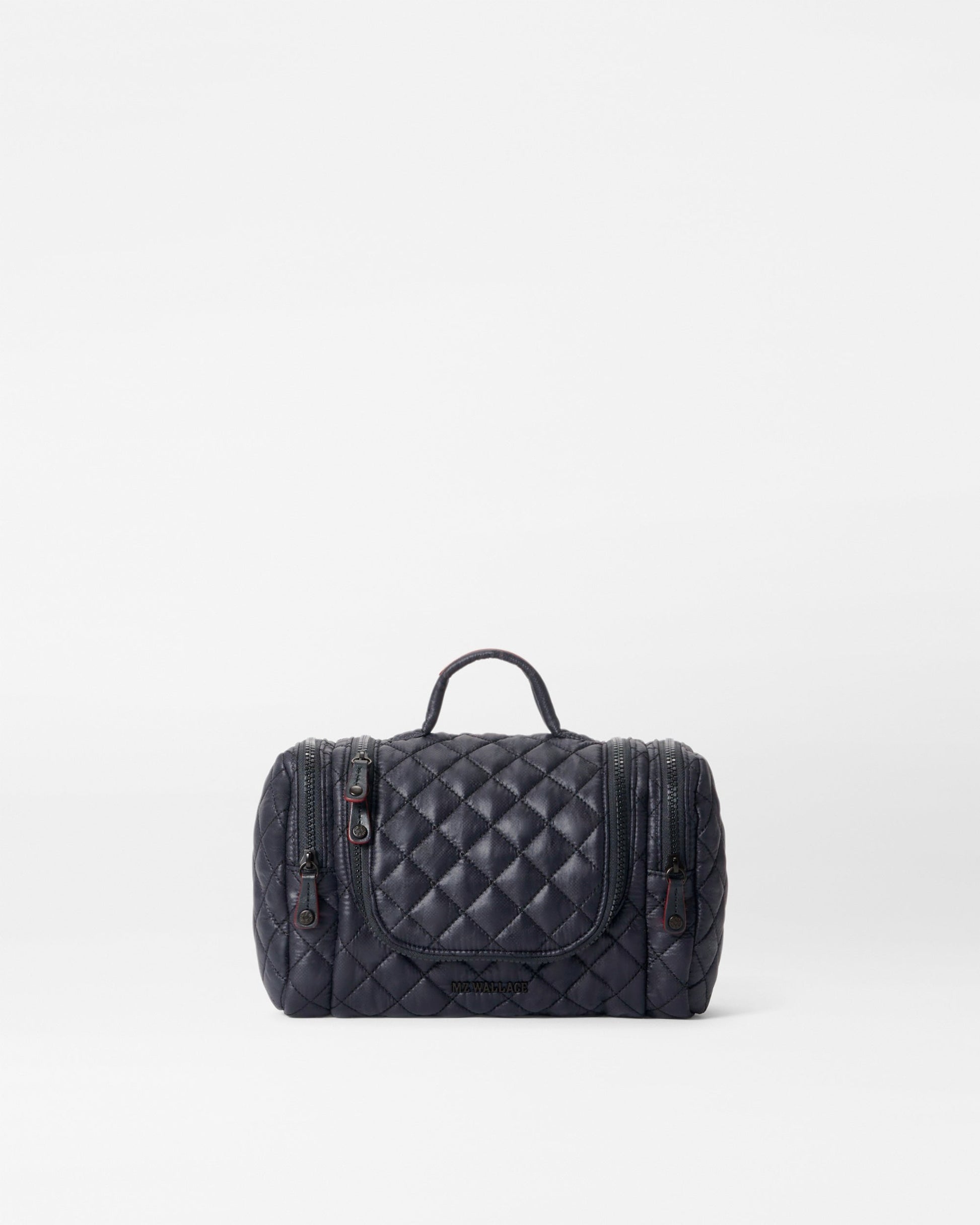 MZ Wallace Hanging Travel Organizer in black quilted nylon, zipped and shown from the front