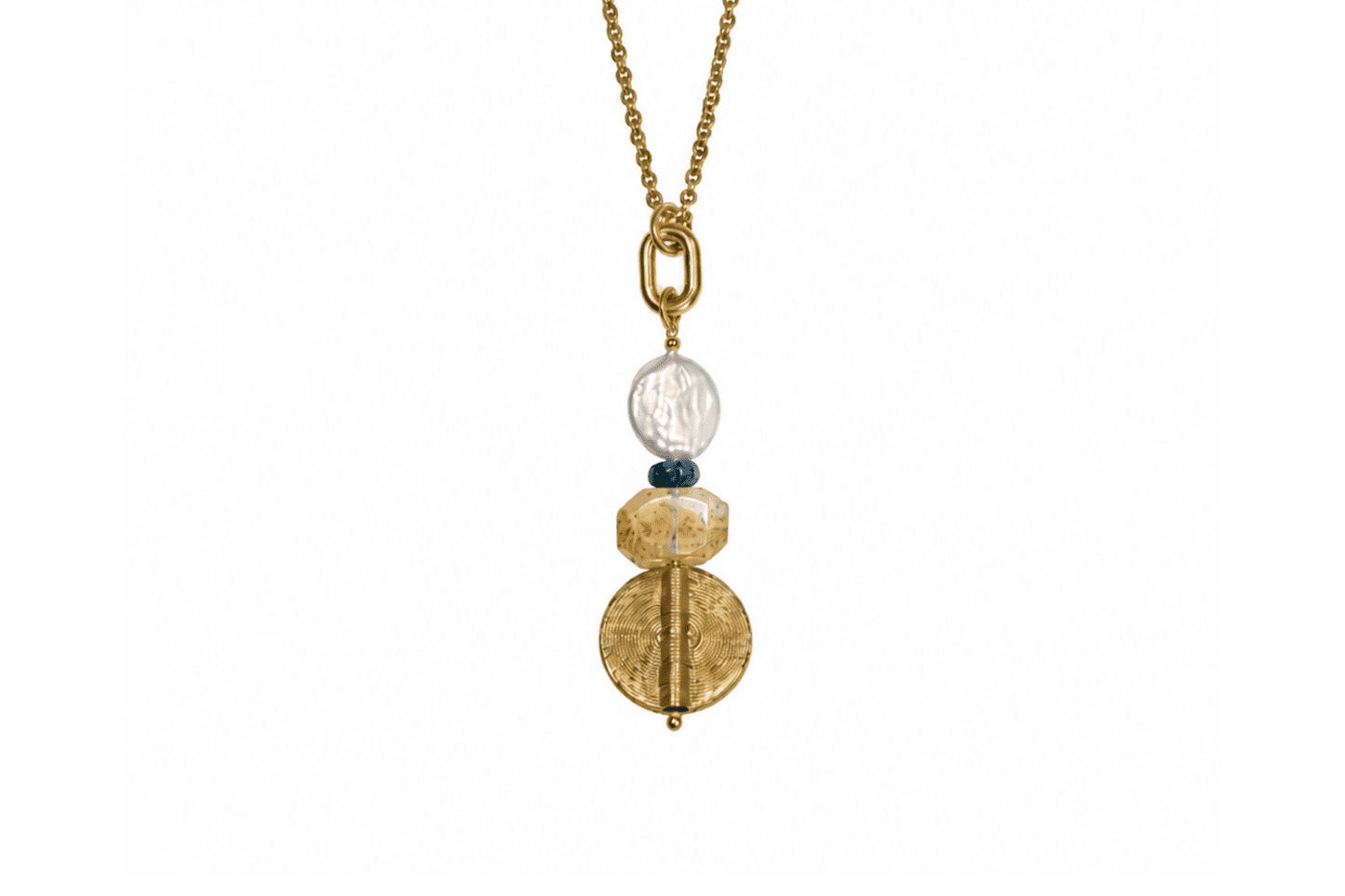 Rachel Nathan Long: Pearl, Topaz and Dendritic Quartz necklace, full front view with freshwater pearl coin and Indian brass medallion on oval brass chain