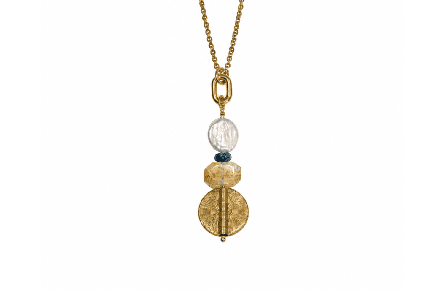 Rachel Nathan Long: Pearl, Topaz and Dendritic Quartz necklace, full front view with freshwater pearl coin and Indian brass medallion on oval brass chain