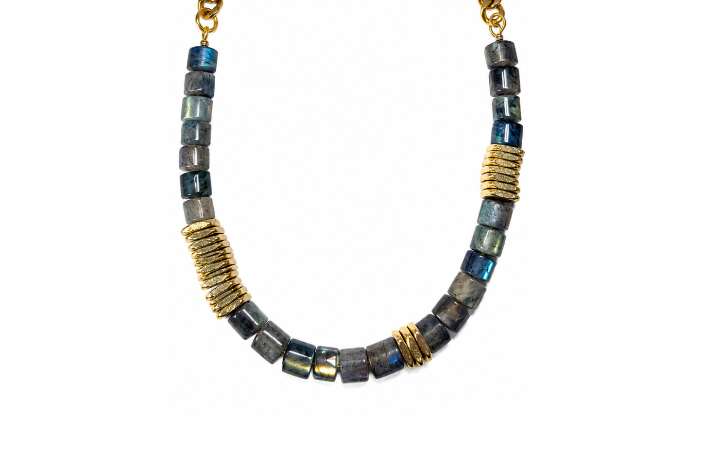 Rachel Nathan Labradorite Barrel & Brass Heishi necklace, full front view of iridescent labradorite barrels with Indian brass heishi