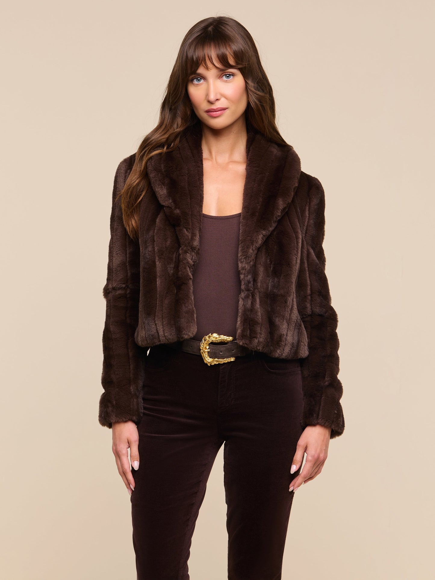 L'Agence Davy Crop Jacket in Dark Java, shown on model, front view