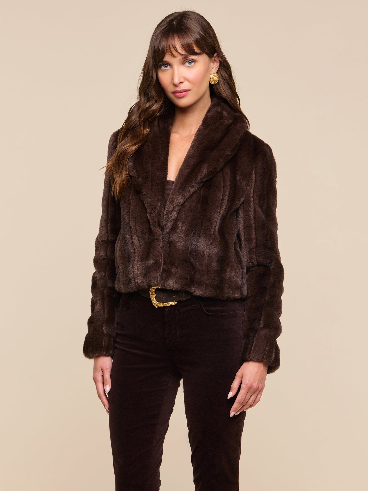 L'Agence Davy Crop Jacket in Dark Java, shown on model, alternate view