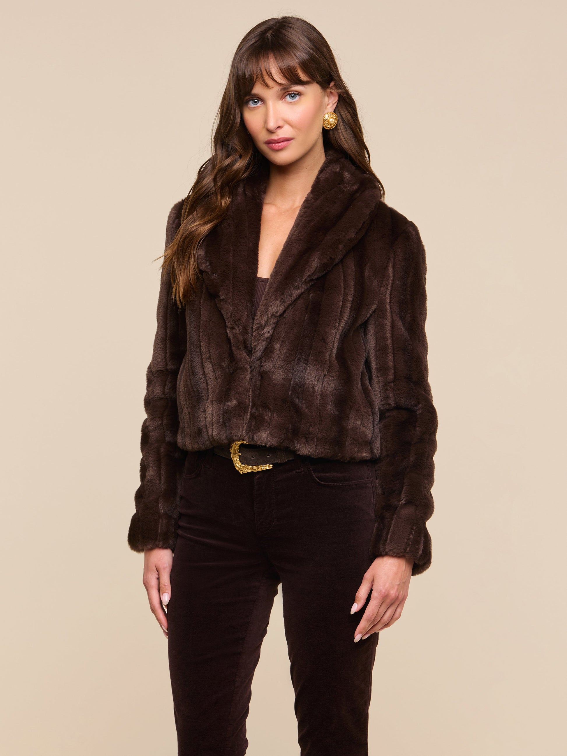 L'Agence Davy Crop Jacket in Dark Java, shown on model, alternate view