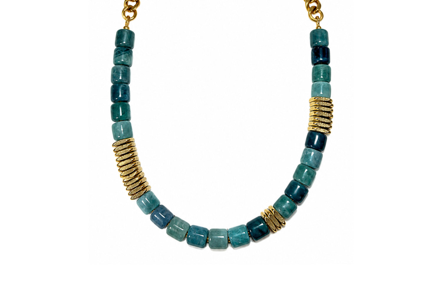 Rachel Nathan Guatemalan Jade & Brass Heishi necklace, full front view of deep green jade barrels with Indian brass heishi
